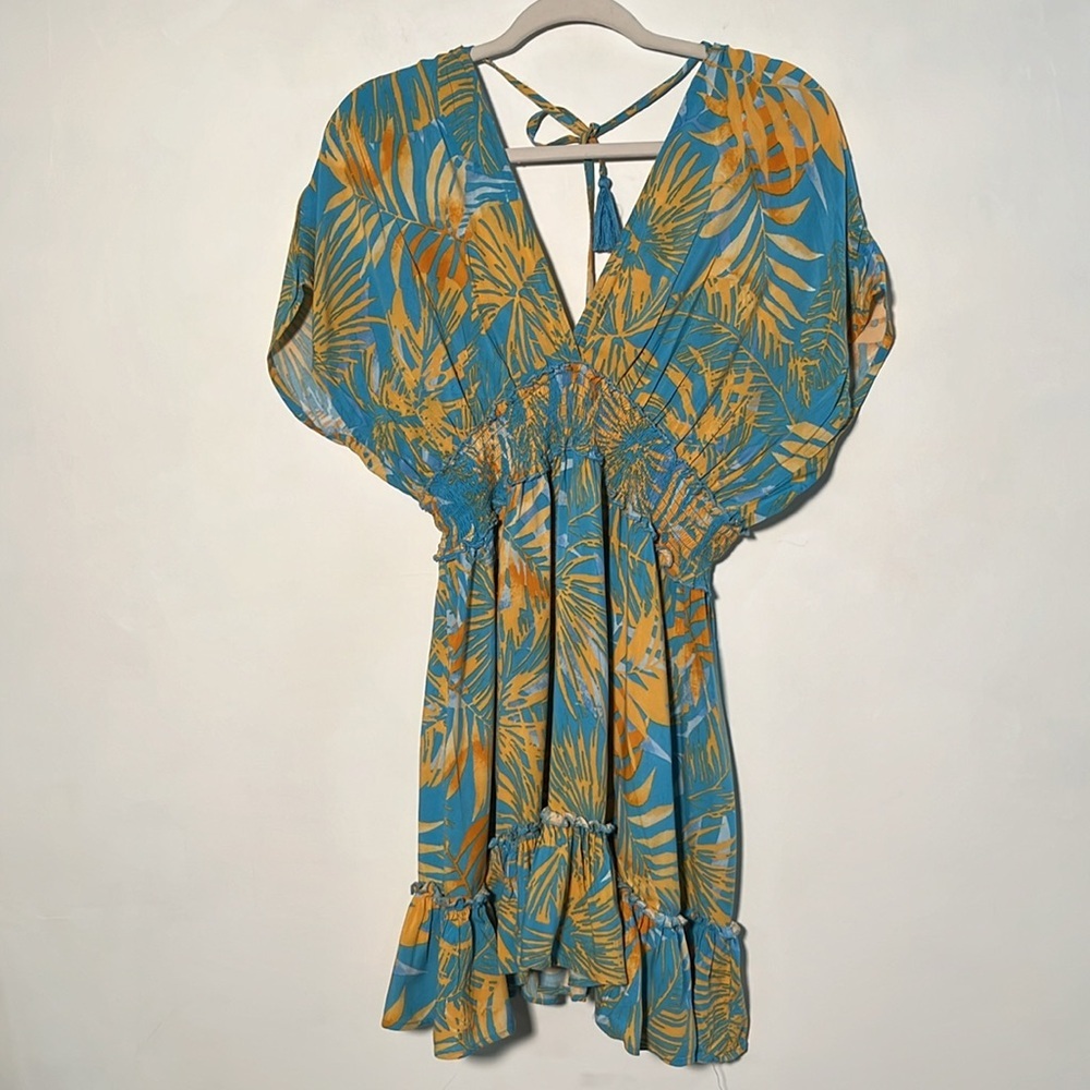 BLUE ISLAND Resort Pool Palm Print Double V Cap SLV Smock Waist Cover Up Dress M - Picture 2 of 15